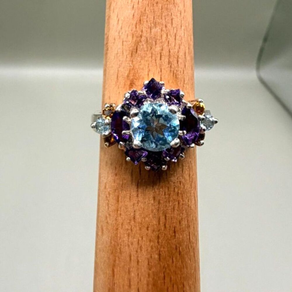 925 Sterling Silver Blue Topaz Amethyst Citrine Cluster Ring Size 7.75